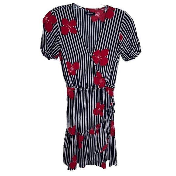 Madewell - Mini Ruffle Wrap Dress, Striped Floral - Size 00, Black, White, Red - Picture 5 of 16